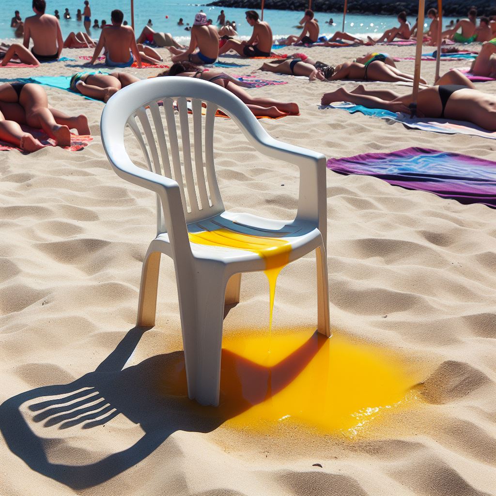 Grafika plastikowego krzesła na plaży, z którego spływa mocz na piasek